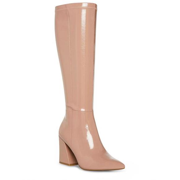 NEW STEVE MADDEN women's pointed toe flared heel knee high boots in tan - Picture 1 of 4